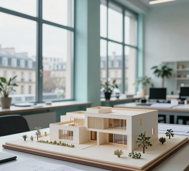 A wide shot of a modern European / French architectural studio with large windows. On a desk, a detailed scale model of a contemporary house and professional blueprints are visible. The lighting is bright and natural, reflecting an Ice Blue and Pale Mint color palette through the interior design.