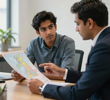 A South Asian student sitting at a clean wooden desk in a professional office setting, discussing a map of the United Kingdom with an expert consultant.