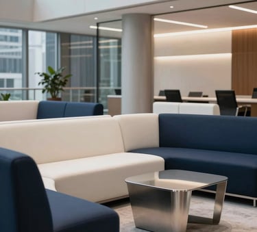 A premium commercial office lounge in a North American skyscraper, showcasing custom modular seating and sleek metal accents, soft pearl and deep navy tones, high-end commercial photography.