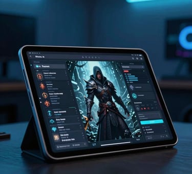 A close-up shot of a high-end digital tablet in a modern North American / US gaming room, displaying a detailed character sheet for a rogue, illuminated by neon cyan light and surrounded by deep cobalt shadows.