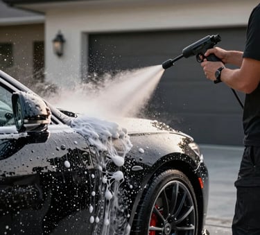A close-up photograph of a professional technician using a high-pressure foam cannon on a high-end black car, thick white soap suds covering the body, set in a modern North American driveway with crisp afternoon lighting.
