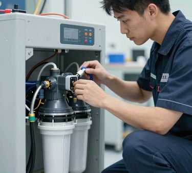 A professional technician inspecting a high-tech pool filtration and pump system in a clean mechanical room. Modern equipment in #0A2E36 tones, bright and clear lighting, professional setting.