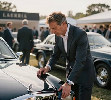 A professional in a tailored suit inspecting the chrome detail of a classic bespoke car at a prestigious outdoor auction event, soft morning sunlight, North American / European Luxury Automotive Market.