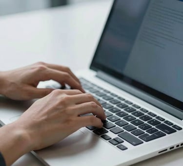 A close-up of a person's hands typing on a high-end, silver laptop in a bright North American office setting. The composition is clean and modern with a shallow depth of field, using a palette of steel blue and light grey tones.