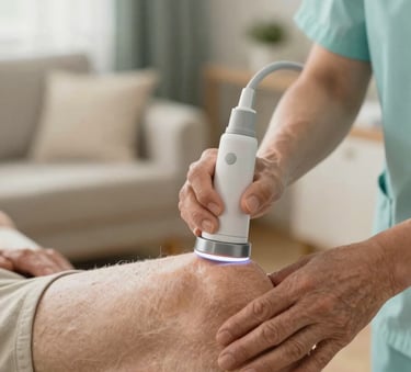 A close-up shot of a professional physiotherapy laser therapy application on a senior's knee. The lighting is warm and reassuring. The specialist's hands are visible, wearing a soft #9FBDB8 colored uniform sleeve. The background is a cozy, blurred home living room environment with soft green and cream tones.
