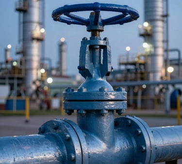 A large industrial gate valve installed on a pipeline in an oil refinery at dusk. The metallic surface has a cool blue sheen (#3C5F7F) with highlights from surrounding industrial lights. Sharp focus on the valve wheel and bolts, professional photography style, conveying robustness and reliability.