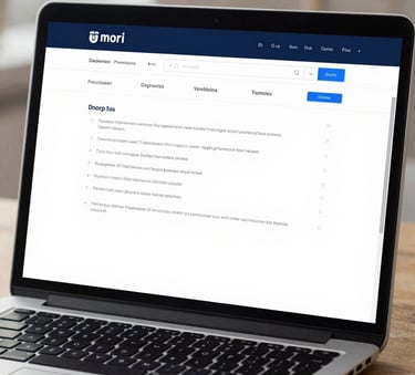 A close-up of a high-resolution laptop screen displaying a clean, professional website dashboard with dark navy blue and sky blue interface elements, located in a bright European / French studio.