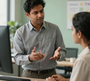 A professional South Asian / Indian financial consultant explaining loan options to a young couple in a modern, bright office with soft sage green accents.
