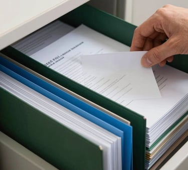 A close-up of a person's hands neatly organizing professional documents into a filing drawer, featuring forest green folders and steel blue tabs in a tidy, business-focused environment.