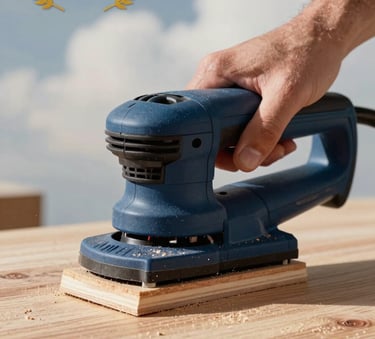 Close-up of a professional wood sander being used on a clean timber surface, action shot with fine sawdust, professional lighting, deep slate and light cloud environment.
