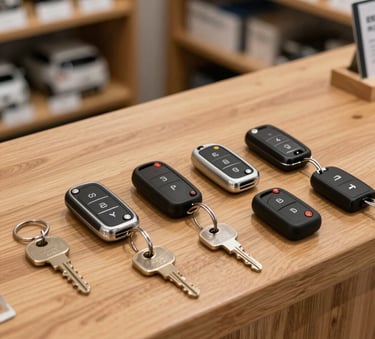 A high-quality studio photograph of several modern electronic car key fobs and traditional house keys arranged neatly on a polished wooden counter in a Northern European / Swedish locksmith shop, clean and sharp lighting.