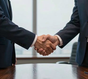 A close-up shot of two business professionals in North American corporate attire shaking hands in a high-rise boardroom. The lighting is soft and natural, with tones of deep blue and light grey reflected in the polished wood table.