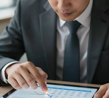 A close-up shot of a person in a professional North American business setting reviewing a clear financial roadmap on a digital tablet with a focused and relieved expression.
