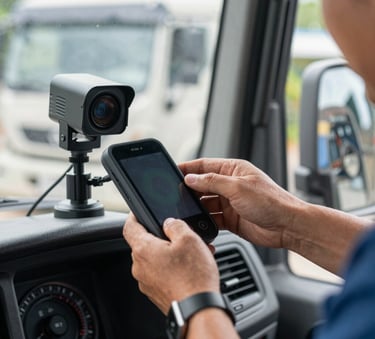 A close-up of a professional technician installing a high-tech GPS tracking device and a small rugged CCTV camera onto the interior dashboard of a large industrial truck, Southeast Asian setting, professional and clean lighting.