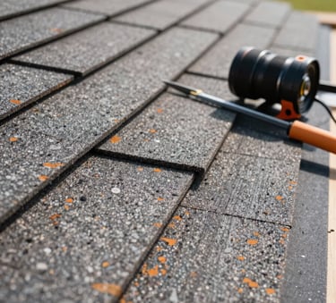 A close-up photograph of high-quality architectural shingles and professional roofing tools on a clean North American work site. The composition is focused, showing the texture of the materials under bright, natural daylight.