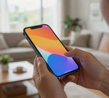 A close-up photograph of a person in a bright North American living room interacting with a high-end smartphone, showing a vibrant screen in a sharp focus, soft natural light coming from a large window.