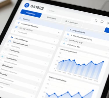 A close-up of a digital tablet displaying legal compliance checklists and financial graphs. The lighting is bright and professional. The scene includes hints of the brand colors #0A192F and #2A405D in the interface design and office accessories.