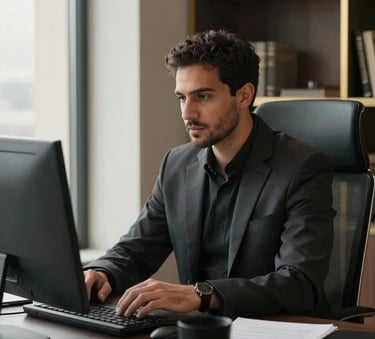 A professional Middle Eastern / Iraqi creative strategist working in a high-end corporate office in Baghdad, featuring dark charcoal and gold accents, soft natural light, minimalist desk setup.