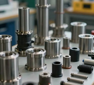 A close-up photograph of high-quality industrial components and technical mining supplies arranged neatly, professional lighting, modern South American industrial setting.