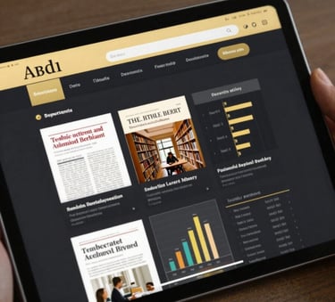 A sophisticated digital library interface on a sleek tablet screen, displaying academic journals and data charts. The image uses a palette of gold, deep black, and dark grey. Professional and modern atmosphere.