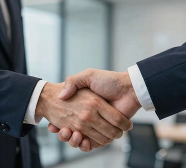 A close-up photograph of a firm, professional handshake between two people in a bright, modern North American office setting. The background is softly blurred, showing hints of steel blue and light grey tones, conveying a sense of mutual trust and professional commitment.