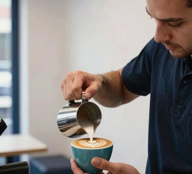 A close-up of a professional Turkish barista meticulously crafting latte art in a minimalist, modern coffee shop setting with clean white walls and navy accents. Soft, premium indoor lighting.