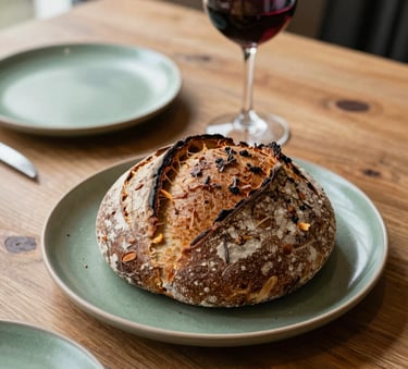A close-up, high-angle shot of a rustic wooden table in a Northern European restaurant, featuring artisanal sourdough bread, a glass of red wine, and Matte Forest Green ceramic plates under soft, natural morning light.