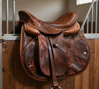 High-quality rich walnut brown leather equestrian saddle and bridle set displayed in a professional stable environment in a South Asian / Indian riding club, soft cinematic lighting.