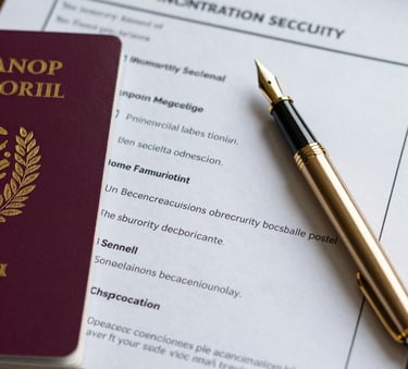 A close-up, high-angle shot of a desk featuring official-looking UK immigration documents, a passport, and a luxury burnished gold fountain pen. The lighting is soft and professional, emphasizing themes of security and meticulous auditing.