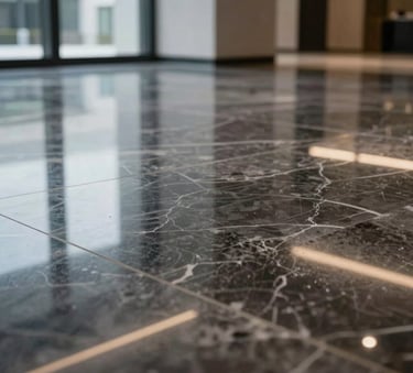 Close-up of a perfectly polished and gleaming dark marble floor in a modern German corporate building, reflecting soft light, representing high-quality post-construction cleaning.