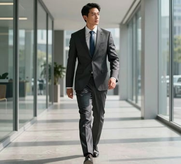 A man in a sharp charcoal suit walking through a glass-walled modern office hallway in a North American city. High-end, tech-brand aesthetic with sharp lighting and deep shadows.