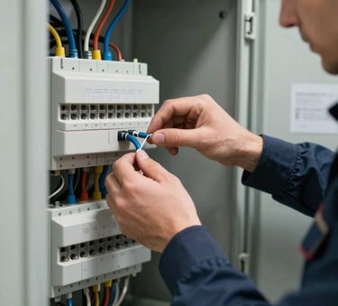 A detailed photograph of a Turkish / Anatolian electrical engineer's hands, wearing professional gear, meticulously organizing wires inside an electrical panel. The setting is a clean, modern workshop with tools in dark navy and steel blue.