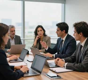 A group of professionals in a modern, bright conference room in Brazil, discussing strategy with laptops and notebooks, soft natural lighting, contemporary South American business setting.