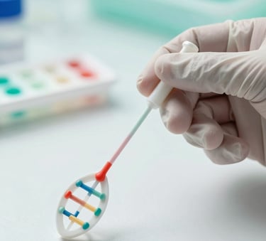 A close-up, high-precision photograph of a sterile DNA collection kit on a clean surface. The scene features a professional gloved hand holding a swab, set against a background of soft teals like #A7D9D3 and clean whites. The lighting is clinical and bright, emphasizing hygiene and reliability.