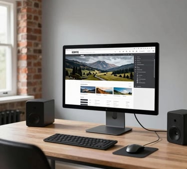A wide-angle photography shot of a modern, organized studio space in the British countryside. A large monitor displays a website layout in progress. The room features brick accents and pale gray walls. The composition is clean and airy, using natural light to highlight a professional atmosphere. No people in the frame.