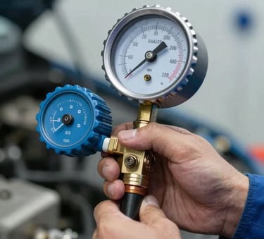 A close-up of a professional technician's hand using a manifold gauge to check pressure for AC gas filling, focused on the precise needle movement, clean environment, reflecting brand colors #4A6D8C and #8AA2B6.
