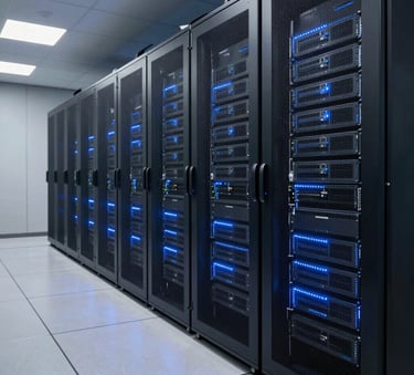 A clean and futuristic server room in a modern Brazilian data center with soft blue led lighting and polished floors, representing secure infrastructure.