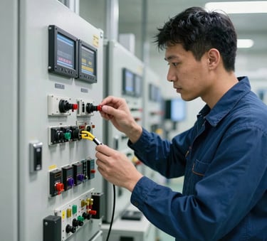 A focused North American / US industrial technician inspecting a high-tech connectivity sensor on a complex control panel in a clean, modern factory setting, cool white and steel gray lighting.