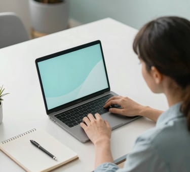 A high-angle shot of a modern professional sitting at a minimalist desk with a laptop and a notebook, bathed in soft morning light with accents of #476C8C and #DDE4EB in the decor.