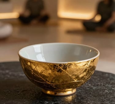 Detailed photography of a beautiful ceramic bowl repaired with gold lacquer in Kintsugi style, resting on a dark stone surface in a high-end Mexican meditation studio, warm golden lighting, elegant atmosphere.