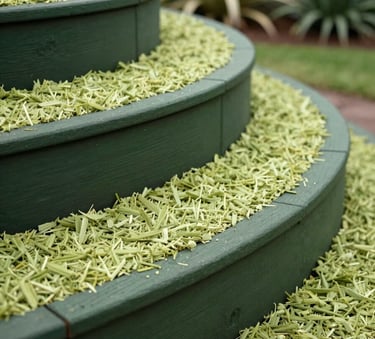 A professionally installed garden retaining wall with dark moss green timber sleepers and fresh light green mulch in a Oceanic / Australian (Victoria) backyard.