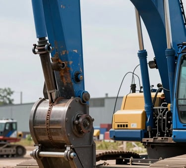 A close-up shot of a heavy excavator's hydraulic arm, focusing on the powerful Steel Blue metal and pistons, in a Eastern European / Russian industrial setting, bright daylight.