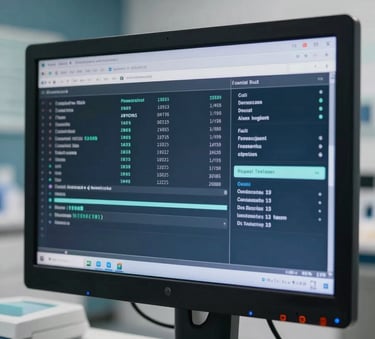 A close-up of a high-resolution medical monitor displaying secure patient data in a bright, modern North American clinic. The lighting is crisp and professional, with soft deep navy accents in the background.