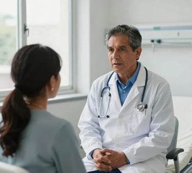 A professional and compassionate South American doctor speaking with a patient in a bright, modern hospital room. The environment is clean and reassuring, with soft natural light coming from a large window, conveying a sense of trust and quality care.