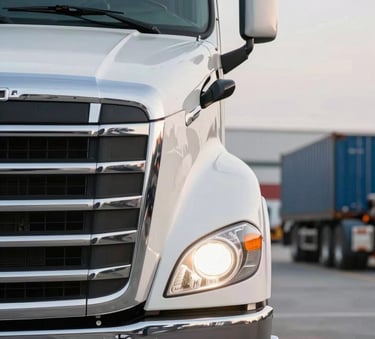 A close up photography of a modern semi-truck's gleaming chrome grill and powerful headlights. The surrounding environment is a blurred logistics hub with Soft Off-white and Steel Blue tones in the background, emphasizing precision and strength.