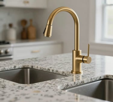 Close-up detail of a North American kitchen featuring a polished quartz countertop and a professional-grade gold-finish faucet, luxury kitchen atmosphere, crisp and bright photography.