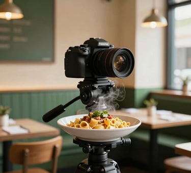 A professional camera on a tripod capturing a steaming bowl of artisanal pasta in a cozy, sun-drenched North American restaurant with Crisp Parchment colored walls and Matte Forest Green accents.