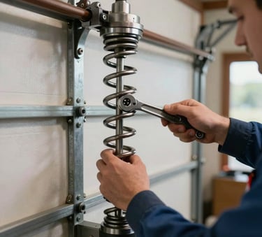 A professional photograph of a technician's hands using a wrench to adjust the tension on a heavy-duty steel garage door spring, indoor residential garage setting, North American / Canadian.