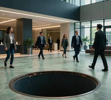 A realistic 'gaping hole' floor illusion in a modern corporate lobby, people walking around it in surprise, North American / International venue, sophisticated architectural lighting, dark navy and soft green palette.