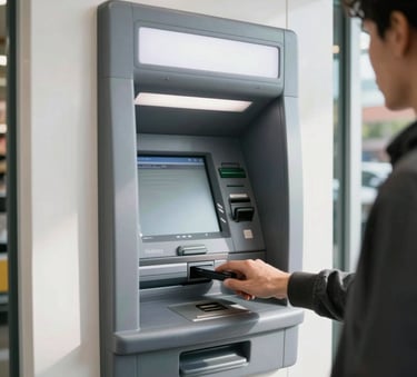 A bright daytime photograph of a person using a sleek ATM inside a modern North American urban grocery store, sharp focus, clean and safe environment.